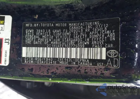 2012 Toyota Corolla Le из США, поврежденный, VIN 2T1BU4EE1CC775099